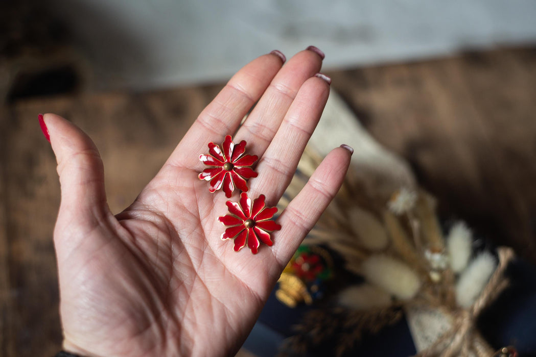 Vintage Enamel Brooch, Floral Basket, Red Flowers & Butterfly Pin, Retro Jewelry