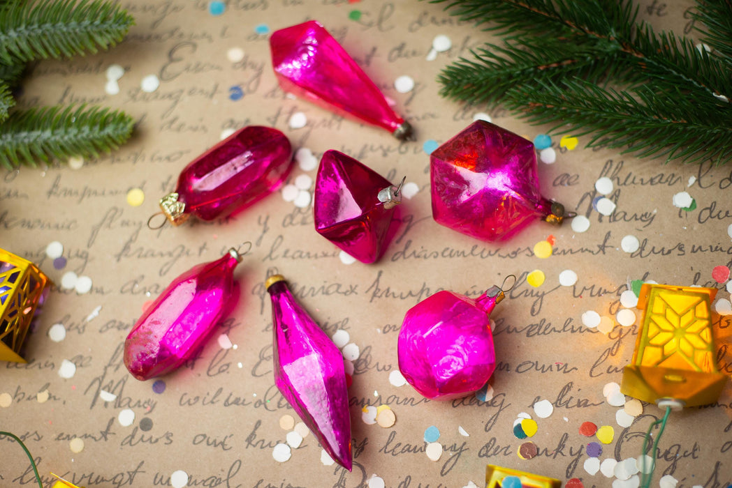 Vintage Pink Faceted Glass Christmas Ornaments Set of 7, 1950s Baubles