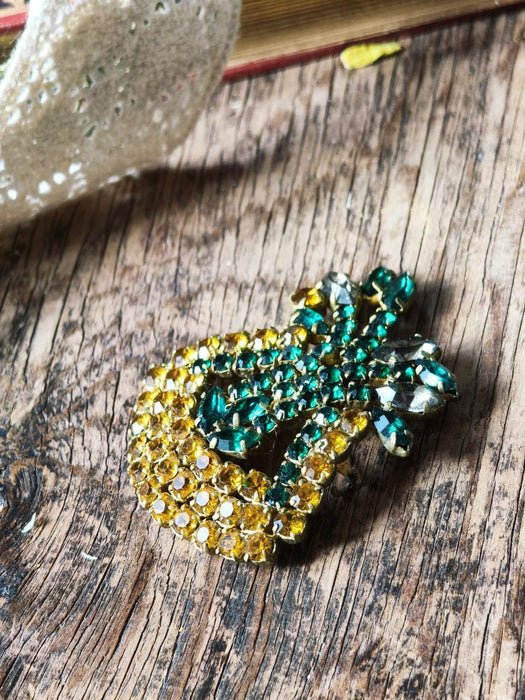 Vintage Green and Yellow Rhinestone Brooch 1970s, Bold Crystal Statement Pin