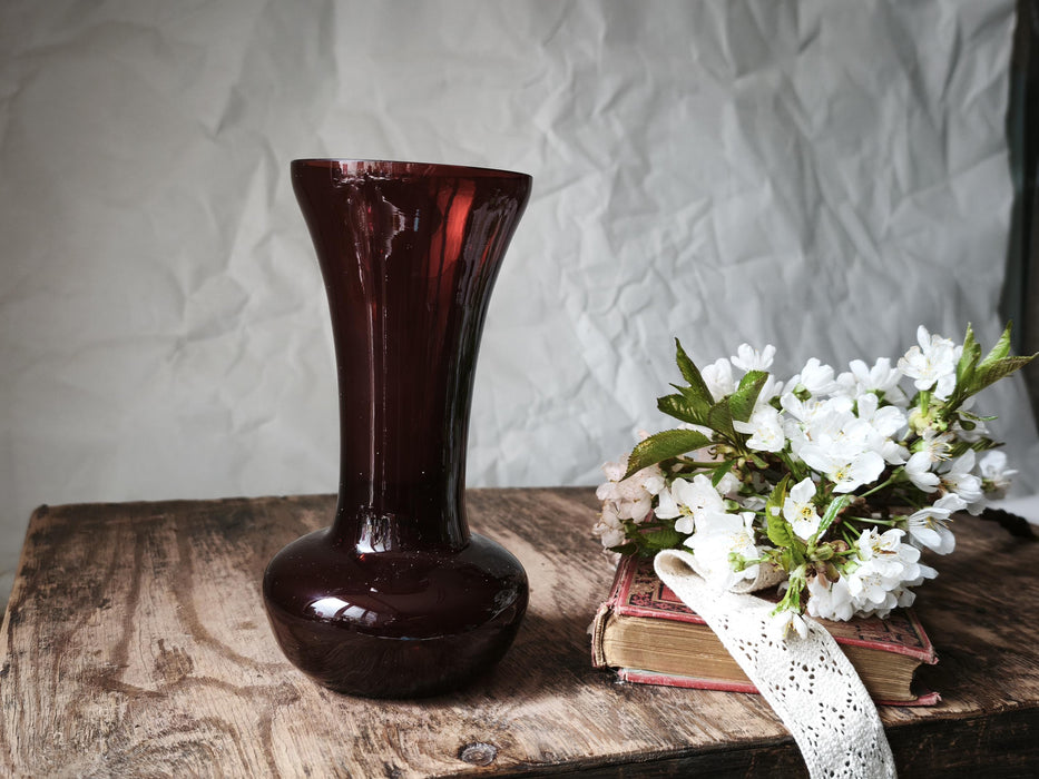 Wine Red Glass Vase Mid Century, Retro Bud Vase Aesthetic Decor