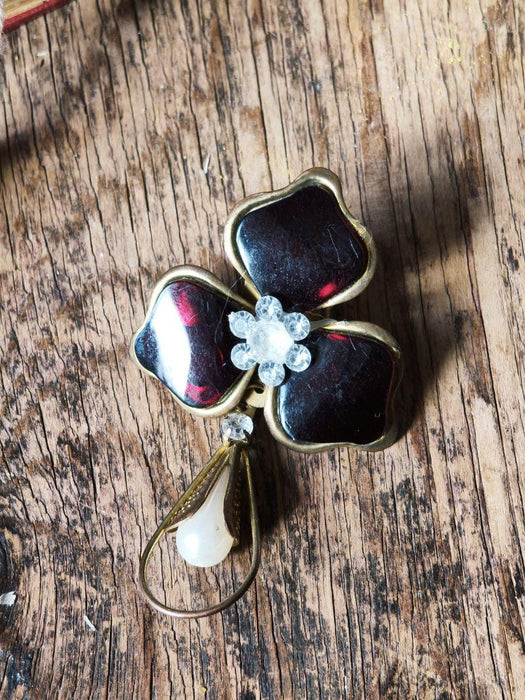 Vintage Flower Brooch Wine Red Glass Art Deco Faux Pearl Pendant Pin