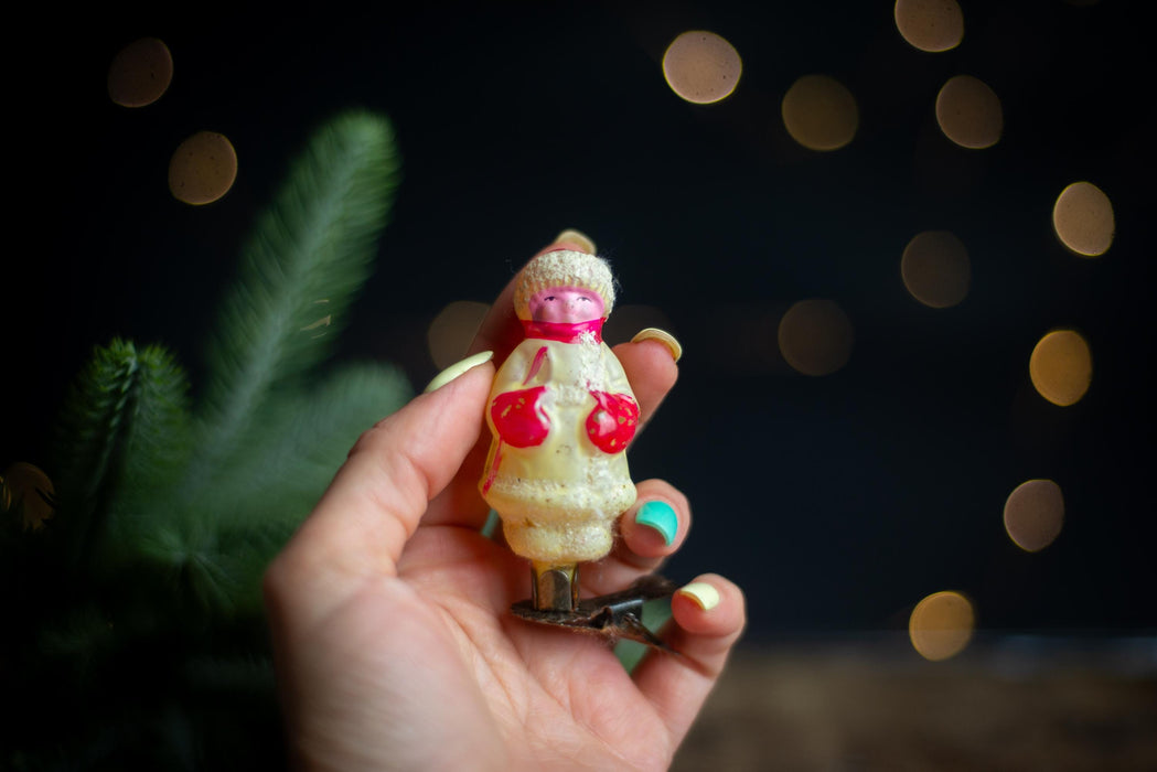 Vintage Glass Christmas Ornament Girl with Red Mittens