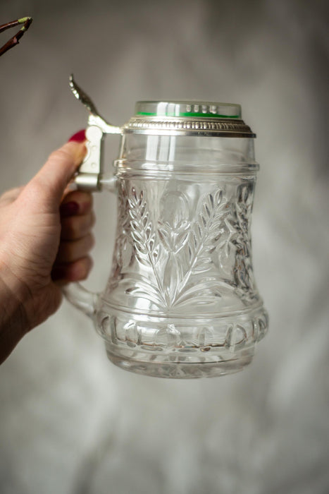 Vintage Glass Beer Mug with Game Lid, German Stein Tankard Barware
