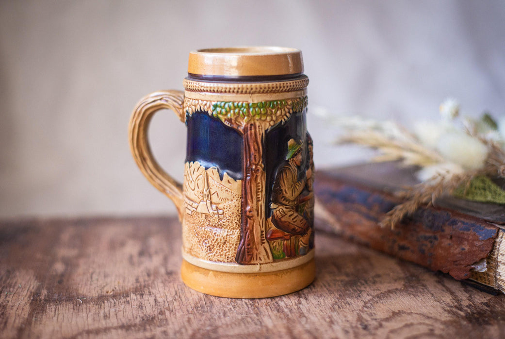 Vintage Ceramic Beer Mug German Folk Relief Stein Oktoberfest Barware