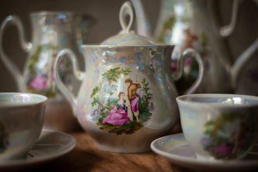 Vintage Madonna Tea Set Lusterware 15 Pieces, German, Art Deco Porcelain Tea Set, Romantic Scene