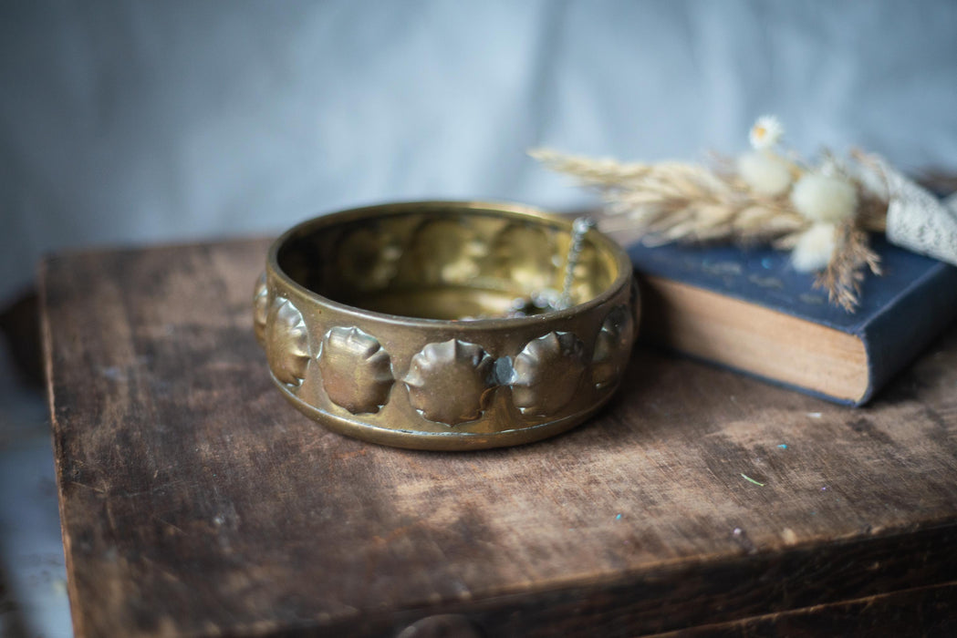 Vintage Brass Planter Bowl | German Brass Dish With Embossed Floral Pattern