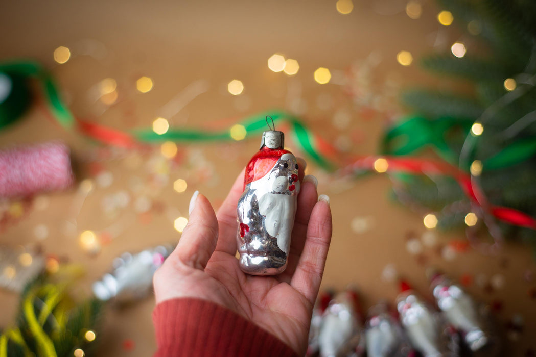 Vintage Glass Gnome Ornament, 1960s Silver & Red Soviet