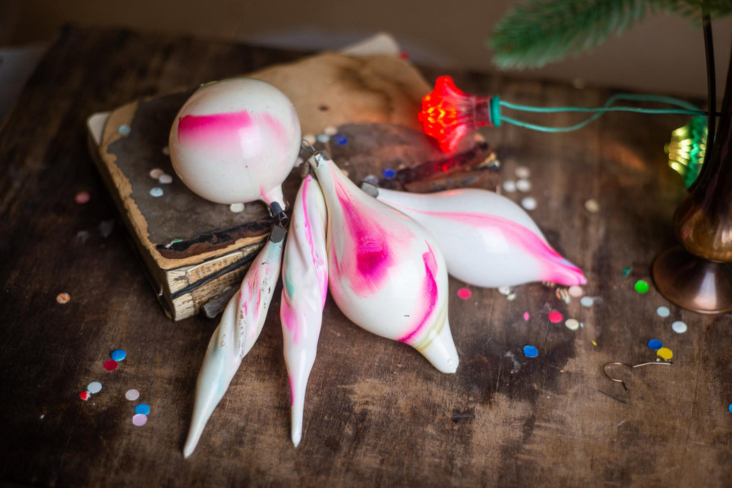 Vintage Pink and White Glass Christmas Ornaments, Set of 5 Bohemian Icicle Baubles