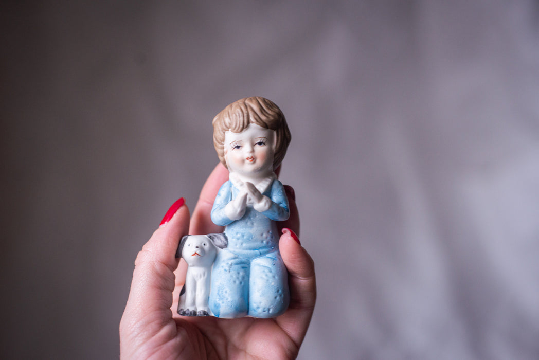 Praying girl with puppy figurine, Catolic gift, Germany porcelain, religious home decor