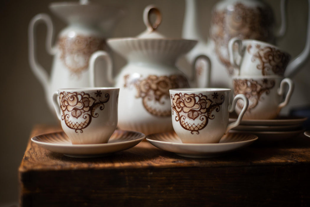 Vintage Porcelain Coffee Set, 1980s, Brown Baroque Pattern Tea Set, Full Coffee Service for 6