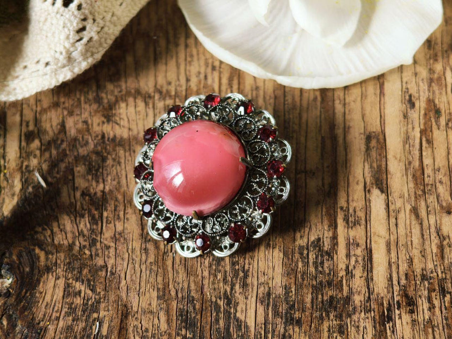 Vintage Pink Glass Brooch 1970s, Filigree Rhinestone Statement Pin