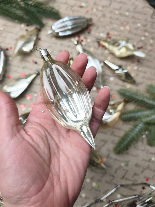 Vintage Silver Glass Christmas Ornaments, Ribbed Icicles and Lantern Bauble Sets
