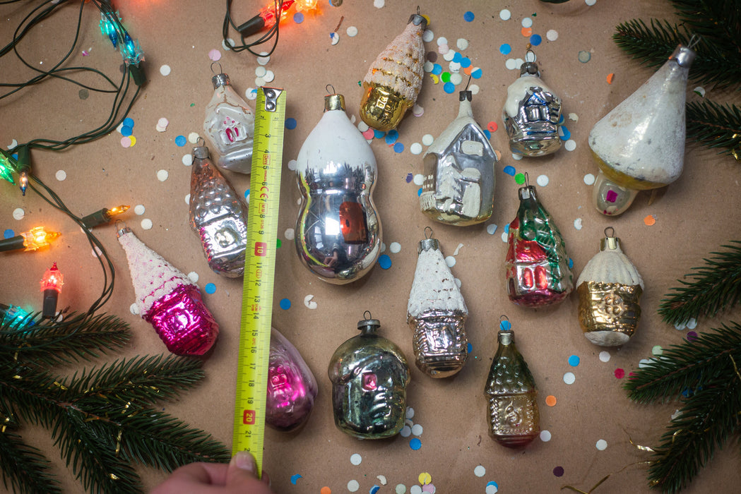 Vintage Glass House Ornaments, Cottage Christmas Tree