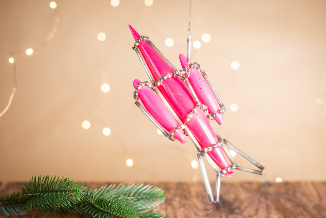 Vintage Rocket Ornament, Hot Pink 1950s Glass Beaded Montage