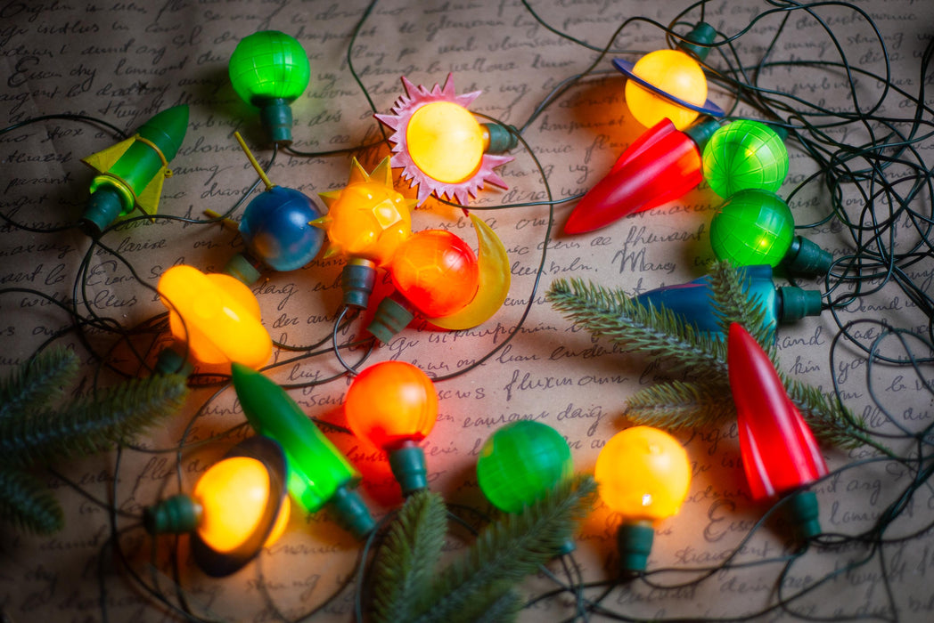 Vintage Space Christmas Lights, Rocket Tree Garland, Working Retro Christmas String Lights