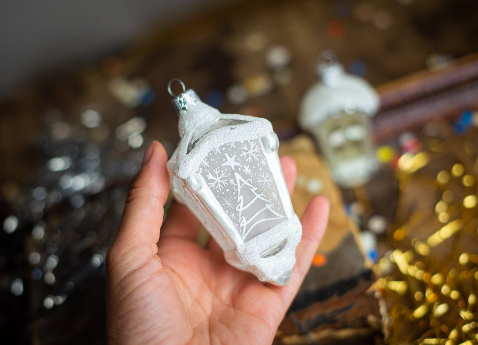 Frosted Glass House Ornament, White Winter Village