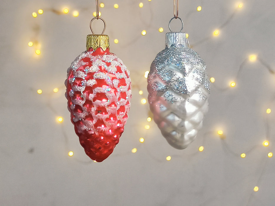 Glass Pine Cone Ornament with Snow, Hand-Painted Bohemian