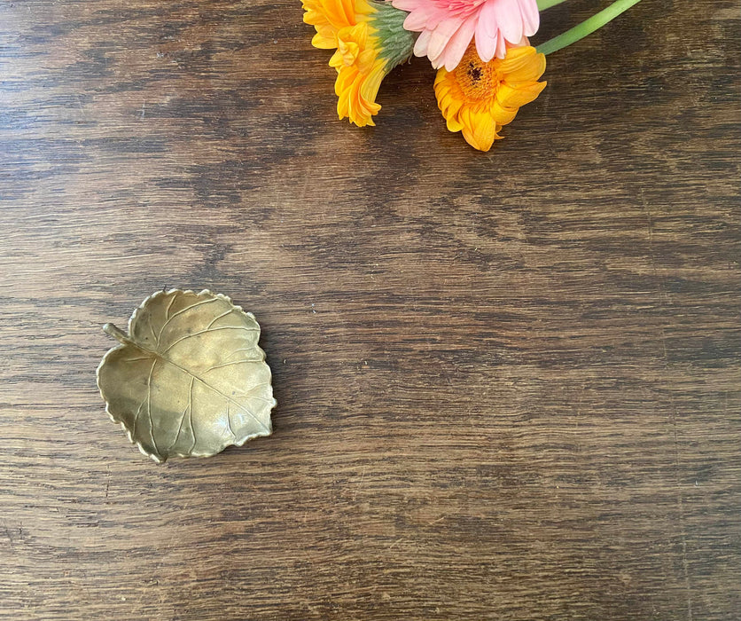 Brass Trinket Dish - Vintage Leaf Dish | Jewelry Ring Holder Tray, Small Brass Plate