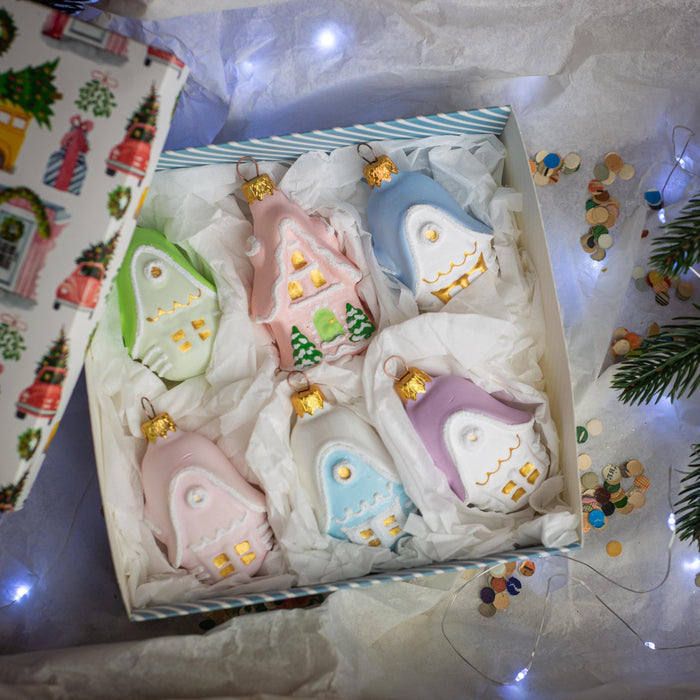 Glass houses Christmas ornaments, rustic candy pastel Xmas hanging decorations, Christmas gift