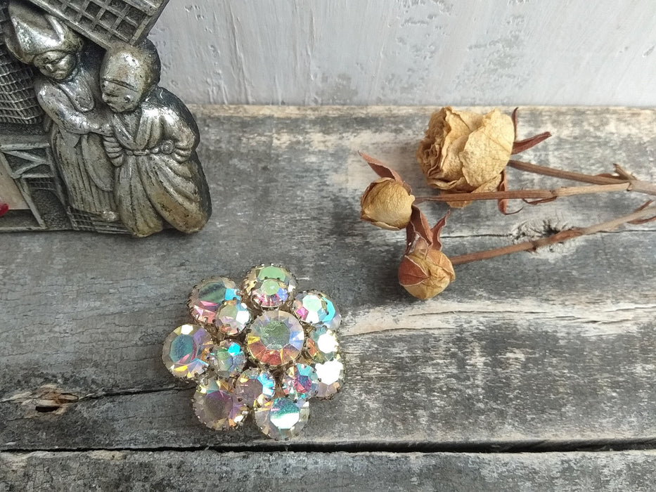 Vintage Rhinestone Flower Brooch, Round Sparkling Pin 1970s Jewelry