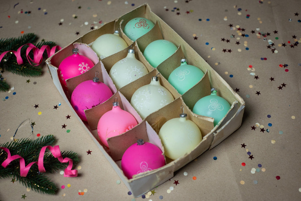 Vintage Christmas Baubles - Set of 12 Handpainted Glass Ornaments in Original Box