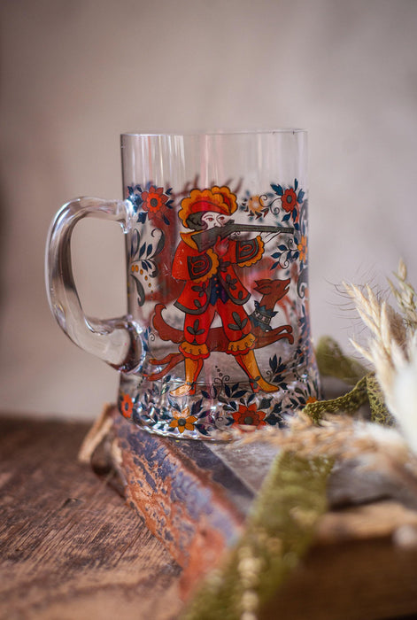 Vintage German Glass Beer Mugs Set Medieval Floral Tankards Barware