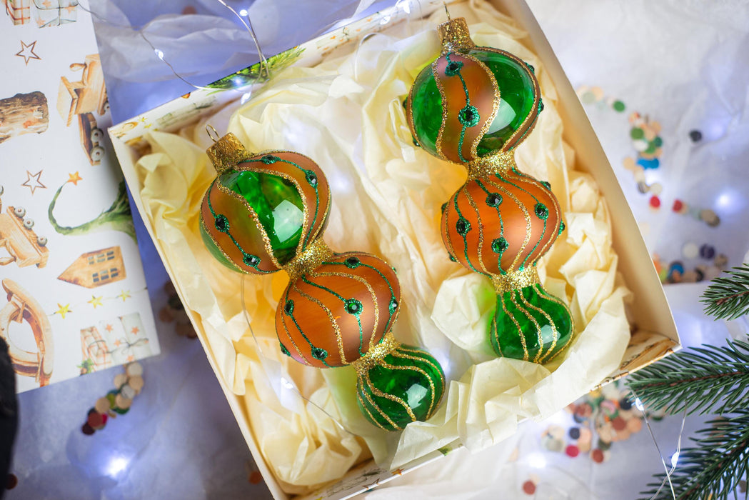 Set of 2 Christmas glass ornaments, hand-painted Xmas tree hanging decorations, Boho Xmas home decor, Christmas gift