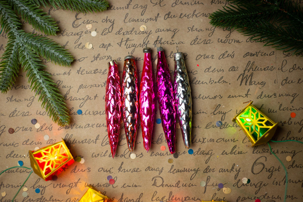 Pink Glass Icicle Christmas Ornaments, Vintage Set of 5