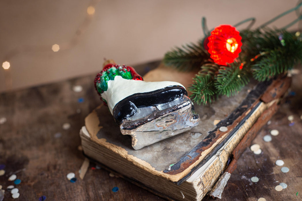 Vintage Glass Ice Skates Ornament, Hand Painted Winter