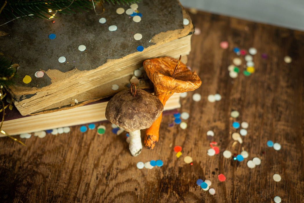 Mushroom spun cotton ornaments, Chanterelle mushroom, Xmas tree accents