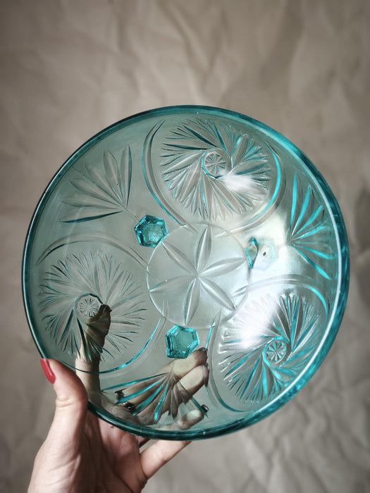 Vintage Glass Bowl – Blue Turquoise Fruit Serving Dish with Pressed Starburst Pattern