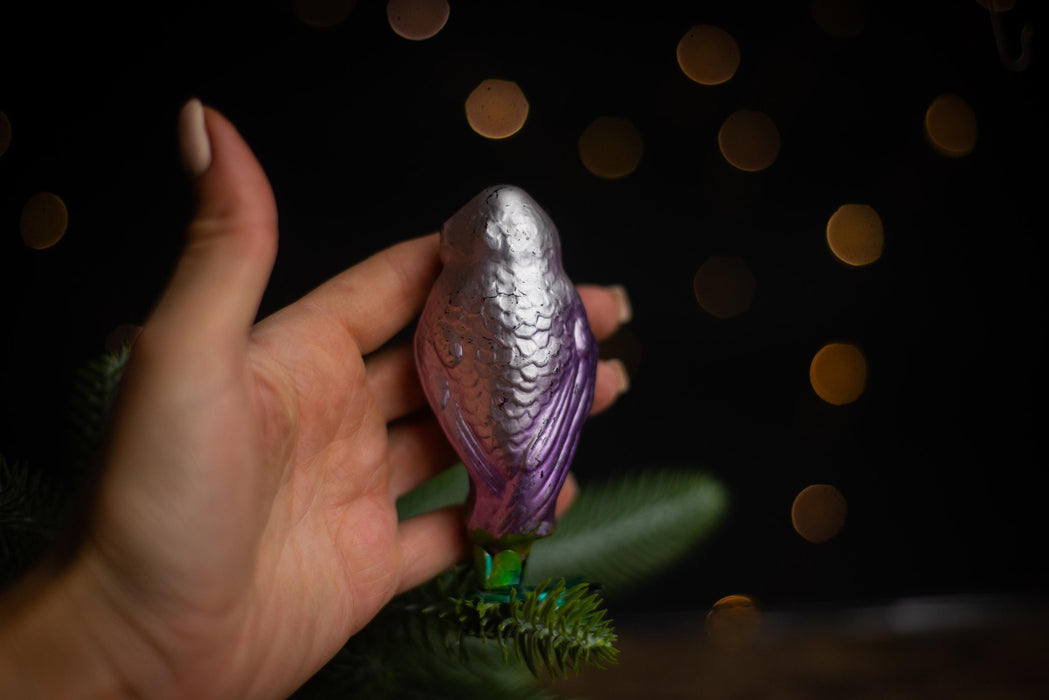 Vintage Glass Owl Christmas Ornament, Silver Bird Tree