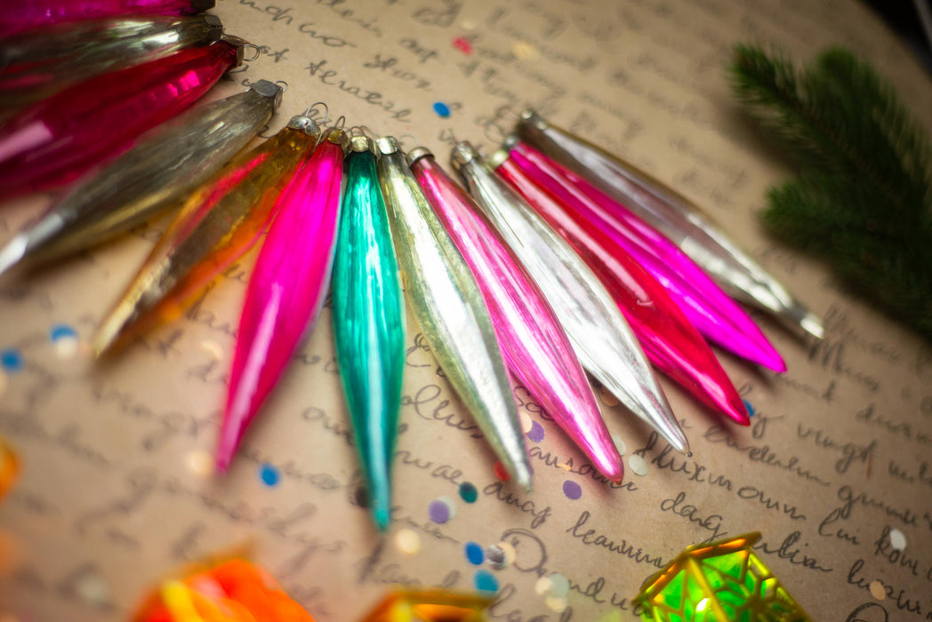 Long Vintage Glass Icicle Ornaments, Pink & Silver – 1950s