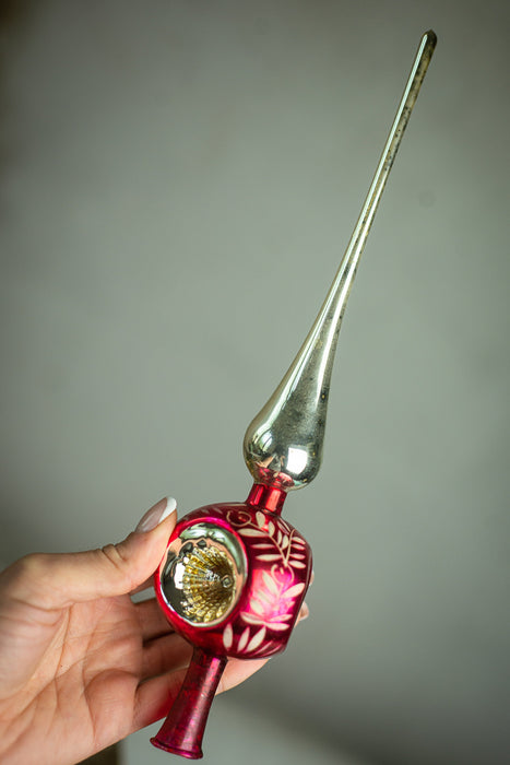 Vintage Hot Pink Glass Christmas Tree Topper with Indent