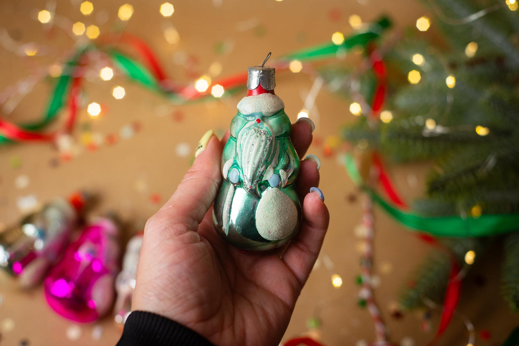Vintage Santa Glass Christmas Ornament, Rustic Xmas Tree