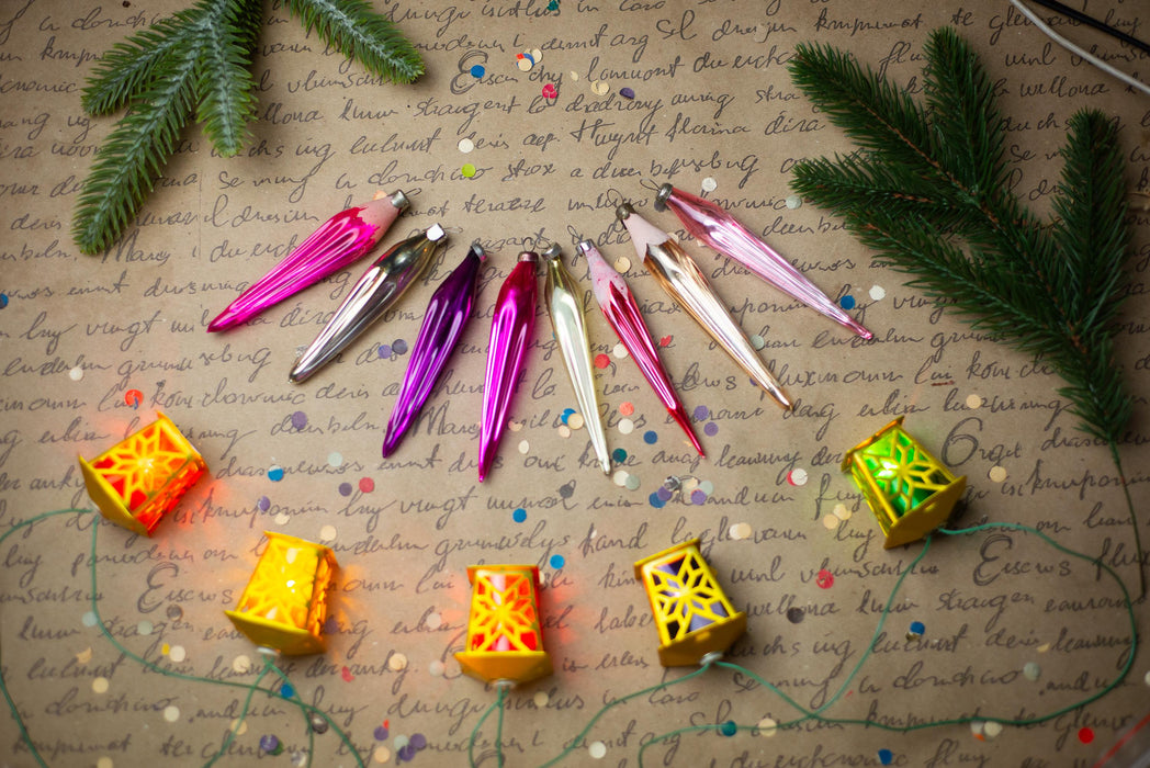 Vintage 1950s Glass Icicle Ornaments – Pink, Silver & Gold