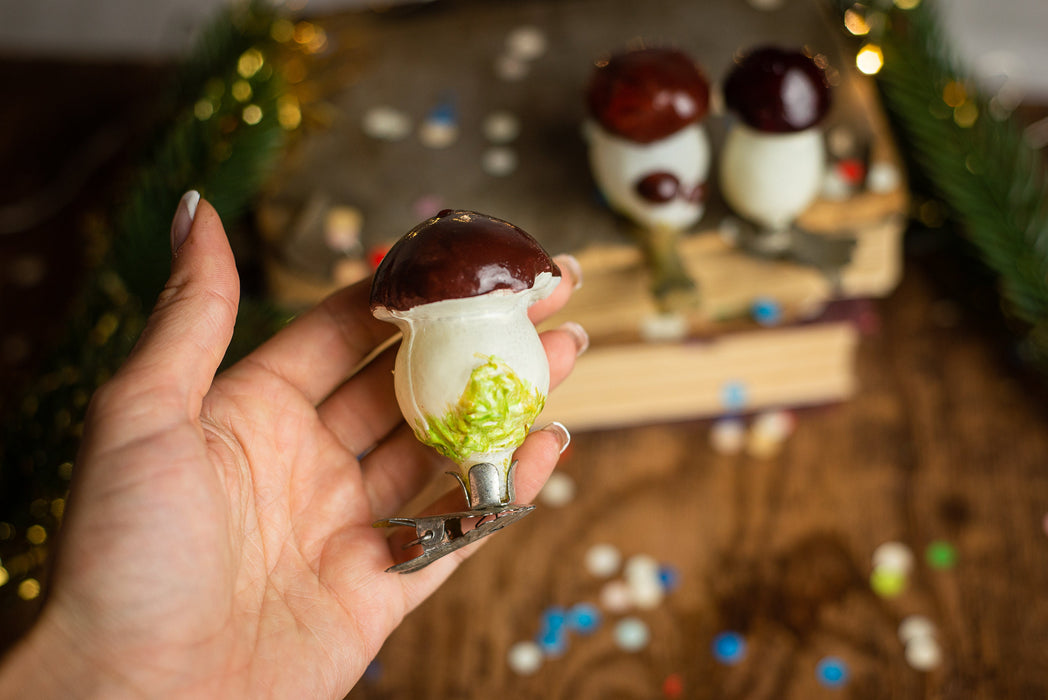 Vintage Glass Mushroom Clip On Ornament, 1950s Woodland