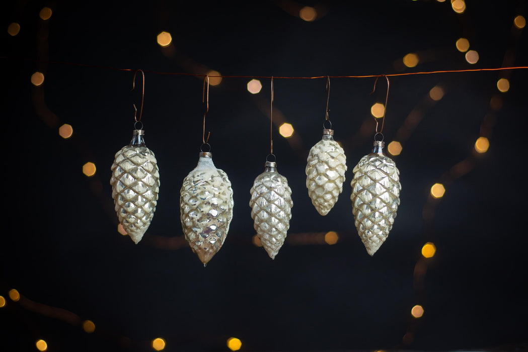 Vintage Rainbow Pine Cone Ornaments, GDR 1960s Thin Glass Set