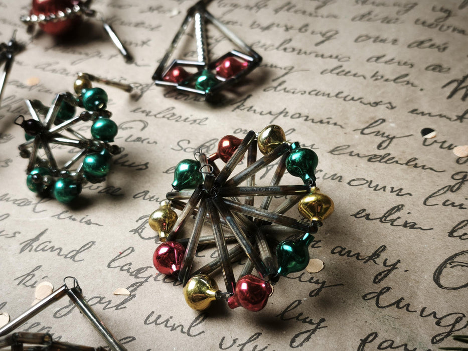 Vintage Glass Christmas Ornaments, Beaded 1950's Geometric 7-12cm