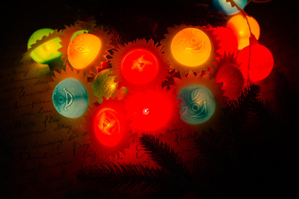 Vintage Smiling Sun Christmas Lights, Retro Christmas Tree Garland, Working Christmas String Lights
