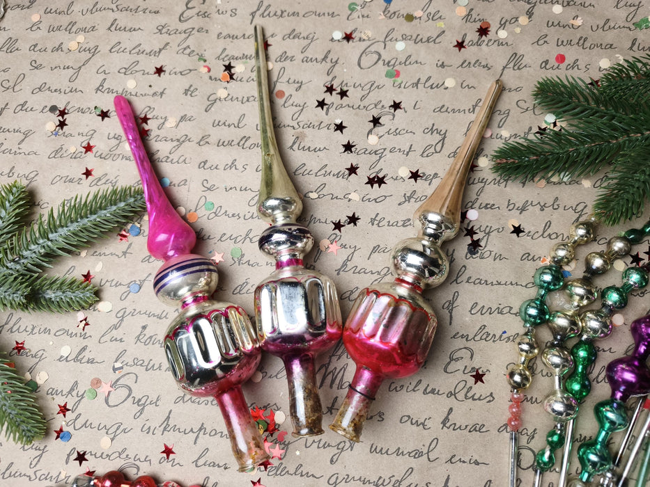 Vintage Silver & Pink Glass Finial Tree Toppers – 1960s