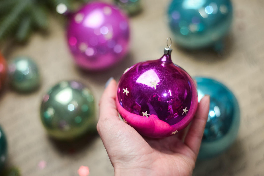 Vintage Glass Christmas Ornaments Set, Glow in Dark Stars, 1970s Teal Pink Balls