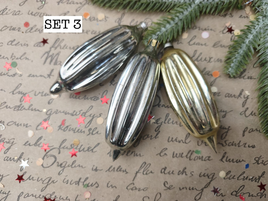 Vintage Silver Glass Christmas Ornaments, Ribbed Icicles and Lantern Bauble Sets