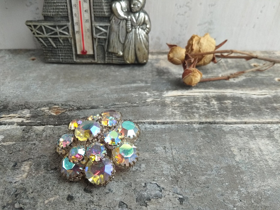 Vintage Rhinestone Flower Brooch, Round Sparkling Pin 1970s Jewelry