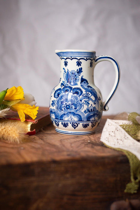 Hand-painted Delft Blue pitcher, flowers and birds, Holland Vintage Ceramic