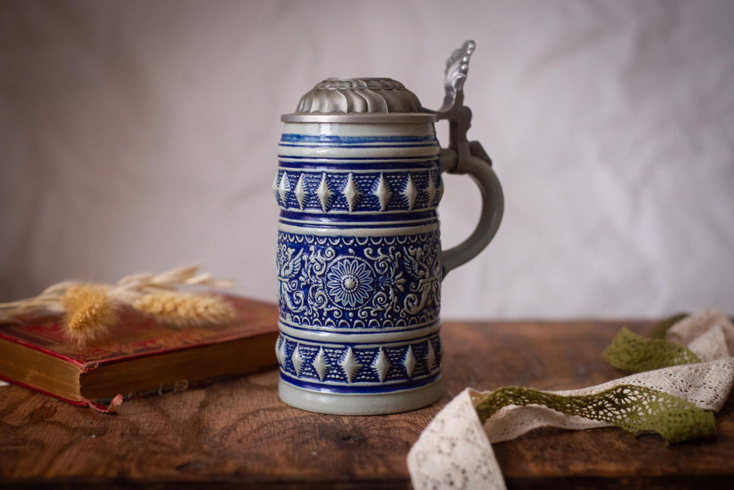 Vintage Bavarian Beer Stein Blue Ceramic German Mug with Pewter Lid