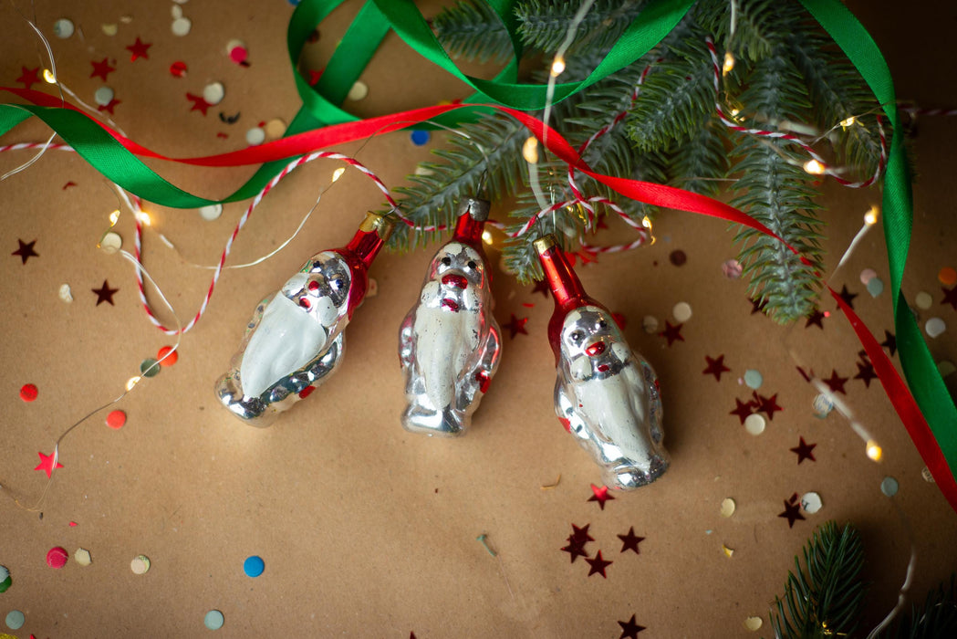 Vintage Glass Gnome Ornament, 1960s Silver & Red Soviet