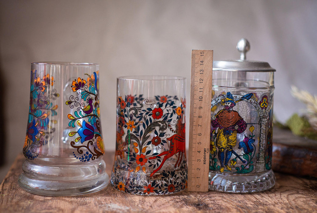 Vintage German Glass Beer Mugs Set Medieval Floral Tankards Barware