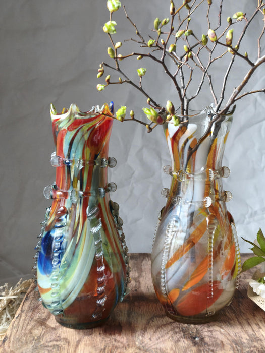 Murano Style Glass Vase, Hand Blown Colorful Mid Century Art Vase Decor