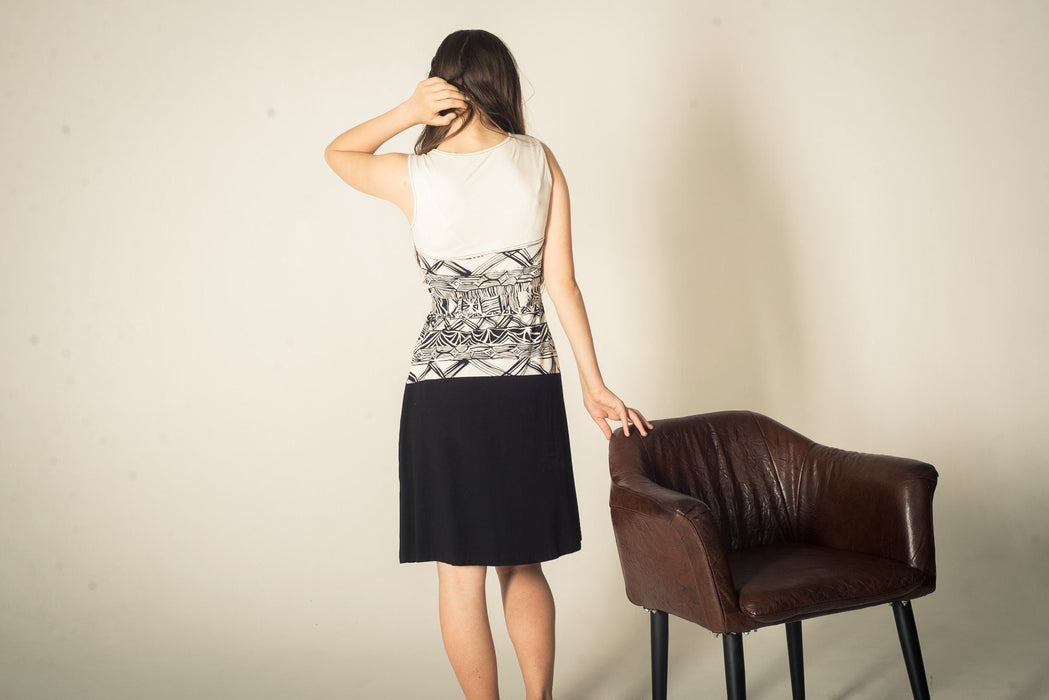 Vintage Midi Dress – 80s Retro Sundress with Adjustable Waist Belt | Black White Dress